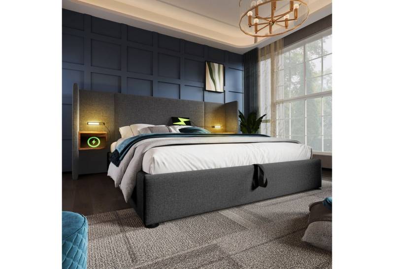 BlingBin Polsterbett Doppelbett (1-tlg., Stauraumbett 160×200 mit Lattenrost aus Massivholz und Metall), mit Nachttisch, Leselampe und USB Type-C Ladefunktion von BlingBin