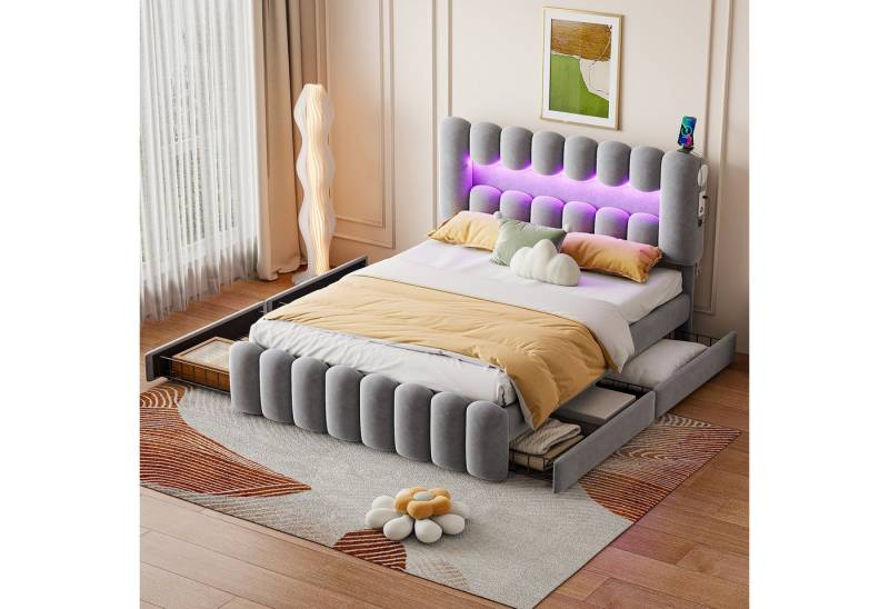 BlingBin Polsterbett Doppelbett 140/160 x 200cm, Stauraumbett Polsterbet Bett (Jugendbett Funktionsbett, 1-tlg., 160 x 200), mit 4 Schubladen, mit LED-Lichtleiste mit USB und Stereoanlage, Samt von BlingBin