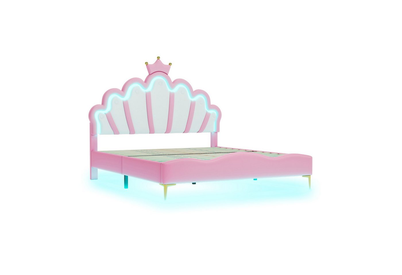 BlingBin Polsterbett Doppelbett Bett Kinderbett Prinzessinnenbett (Bettgestell Gästebett, 1-tlg., 140x200cm), Weiche Polsterung aus PU-Leder, verstellbarer LED-Ambientebeleuchtung von BlingBin