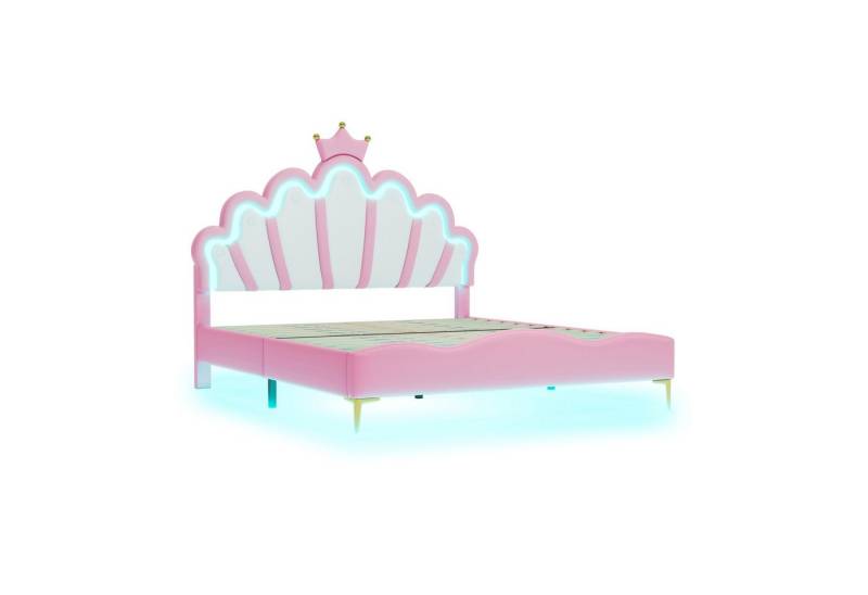 BlingBin Polsterbett Doppelbett Bett Kinderbett Prinzessinnenbett (Bettgestell Gästebett, 1-tlg., 140x200cm), Weiche Polsterung aus PU-Leder, verstellbarer LED-Ambientebeleuchtung von BlingBin