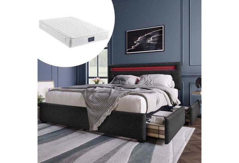 BlingBin Polsterbett Doppelbett Bettgestell Inklusive Matratze (1-tlg., mit LED-Beleuchtung und 4 Schubladen) von BlingBin