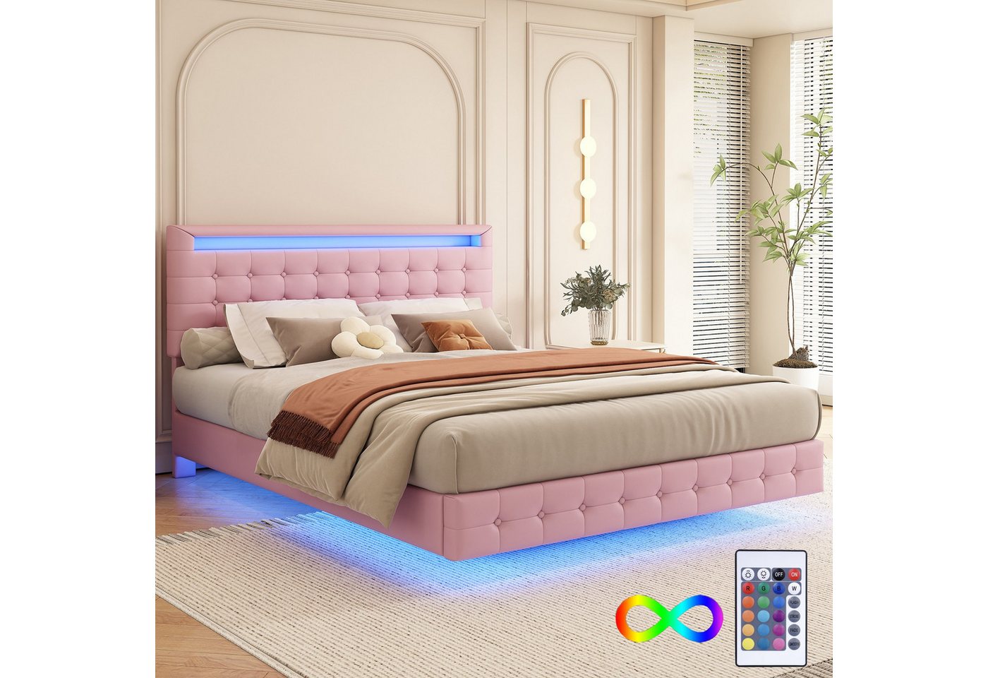 BlingBin Polsterbett Doppelbett Flachbett mit LED-Umgebungslicht (Funktionsbett Stauraumbett, 1-tlg., 140x200cm), 24-Tasten-Fernbedienung, Dreistufige Höhenverstellung des Kopfteils von BlingBin