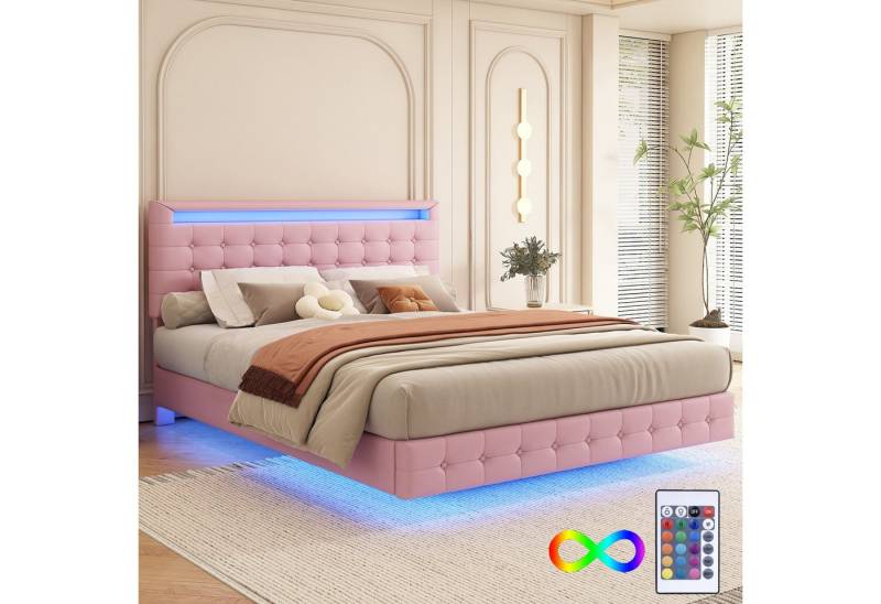 BlingBin Polsterbett Doppelbett Flachbett mit LED-Umgebungslicht (Funktionsbett Stauraumbett, 1-tlg., 140x200cm), 24-Tasten-Fernbedienung, Dreistufige Höhenverstellung des Kopfteils von BlingBin