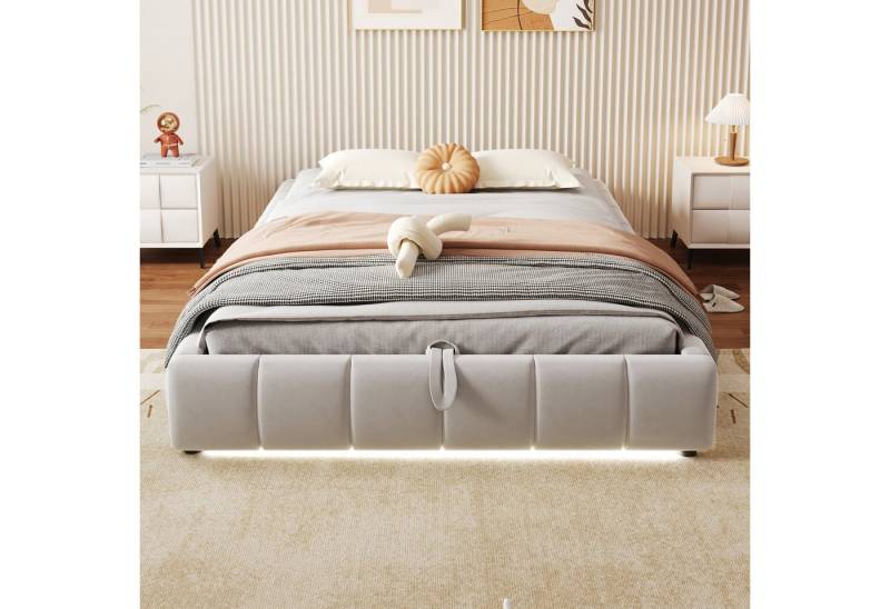 BlingBin Polsterbett Doppelbett Funktionsbett, ohne Kopfteil (1er Set, 1-tlg., 140 x 200 cm, Einzelbett, Jugendbett), mit LED-Lichtleiste, Hydraulischer Schwebebettrahmen mit Stauraum von BlingBin