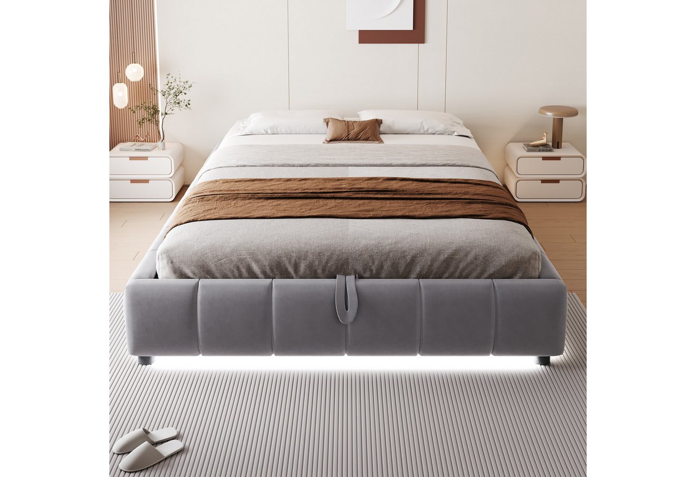 BlingBin Polsterbett Doppelbett Funktionsbett, ohne Kopfteil (1er Set, 1-tlg., 140 x 200 cm, Einzelbett, Jugendbett), mit LED-Lichtleiste, Hydraulischer Schwebebettrahmen mit Stauraum von BlingBin