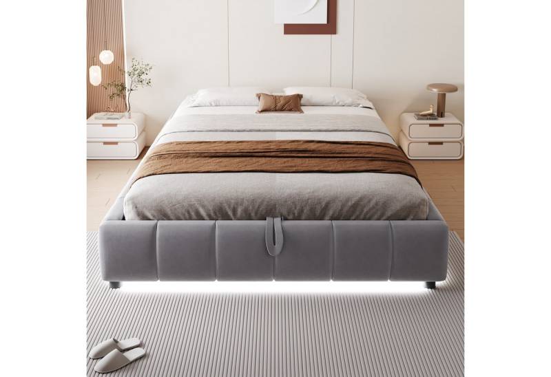 BlingBin Polsterbett Doppelbett Funktionsbett, ohne Kopfteil (1er Set, 1-tlg., 140 x 200 cm, Einzelbett, Jugendbett), mit LED-Lichtleiste, Hydraulischer Schwebebettrahmen mit Stauraum von BlingBin