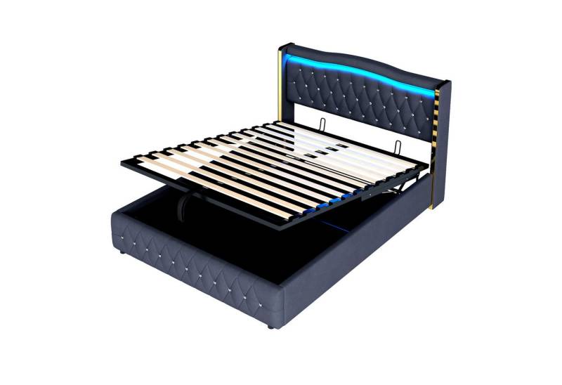 BlingBin Polsterbett Doppelbett Hydraulikbett (1-tlg., Mit farbwechselnder LED-Beleuchtung, Mit Hydraulik zur Lagerung), Breite Beine mit hellen Streifen, Mit hellen Raute Akzenten, Samtstoff von BlingBin