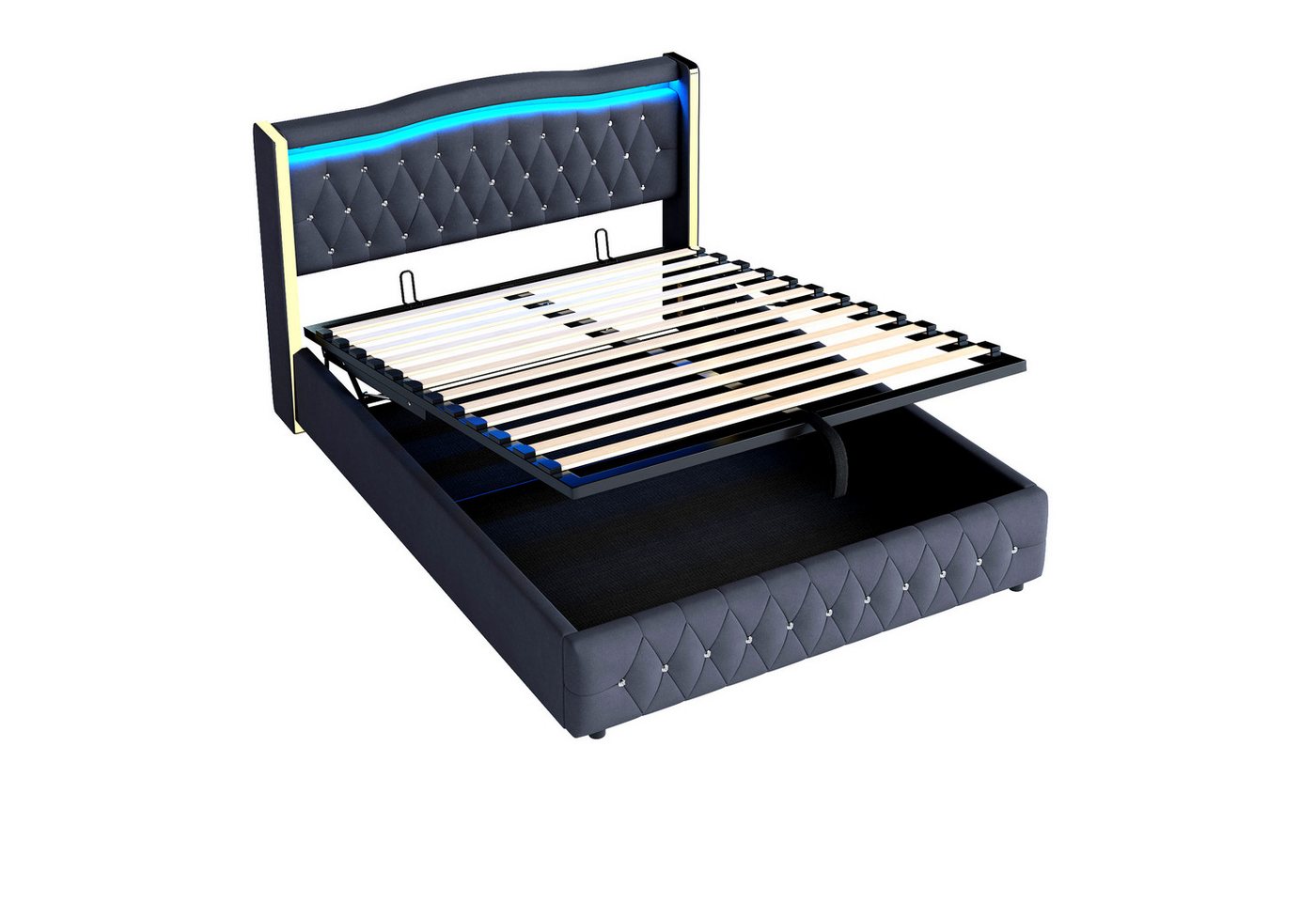 BlingBin Polsterbett Doppelbett Hydraulikbett (1-tlg., Mit farbwechselnder LED-Beleuchtung, Mit Hydraulik zur Lagerung), Breite Beine mit hellen Streifen, Mit hellen Raute Akzenten, Samtstoff von BlingBin