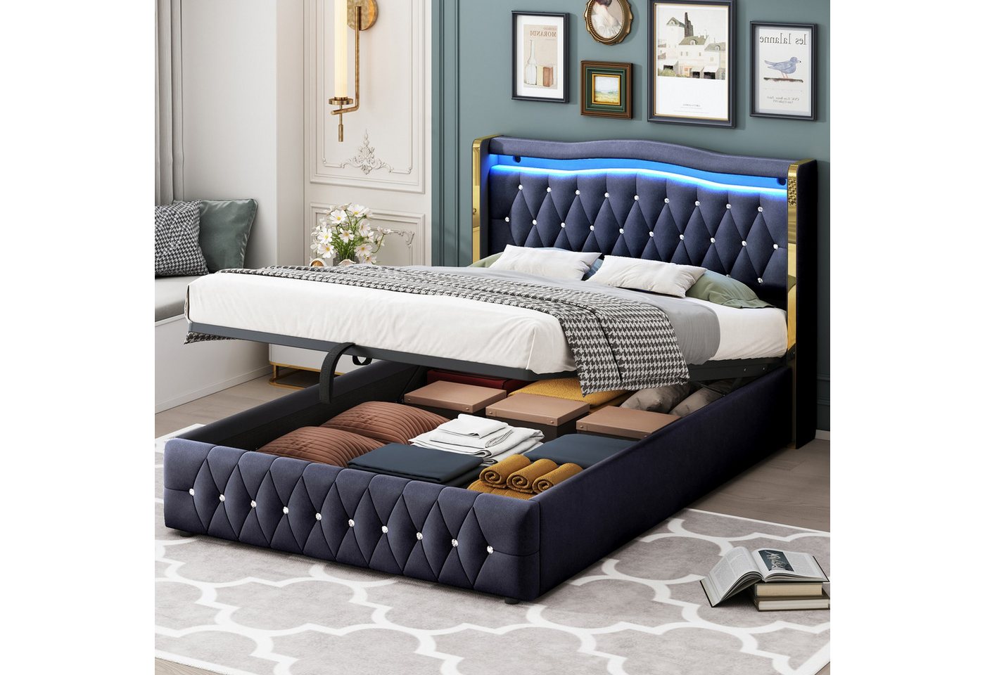BlingBin Polsterbett Doppelbett Hydraulikbett (1er Set, 1-tlg., Mit farbwechselnder LED-Beleuchtung, Mit Hydraulik zur Lagerung), Breite Beine mit hellen Streifen, Mit hellen Raute Akzenten, Samtstoff von BlingBin