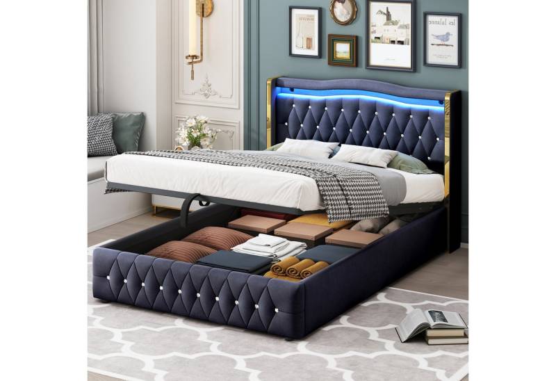 BlingBin Polsterbett Doppelbett Hydraulikbett (1er Set, 1-tlg., Mit farbwechselnder LED-Beleuchtung, Mit Hydraulik zur Lagerung), Breite Beine mit hellen Streifen, Mit hellen Raute Akzenten, Samtstoff von BlingBin