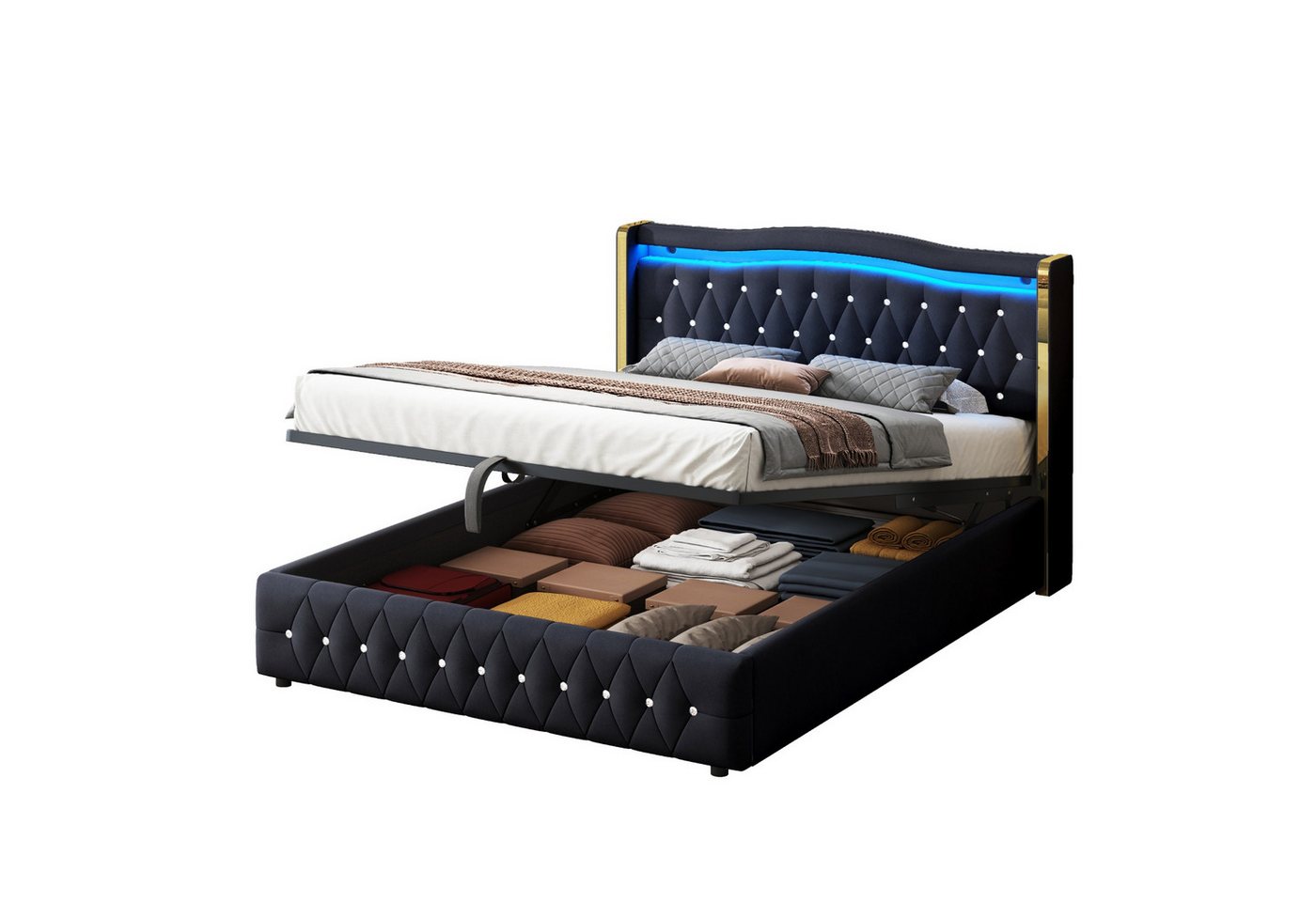 BlingBin Polsterbett Doppelbett Hydraulikbett (1er Set, 1-tlg., Mit farbwechselnder LED-Beleuchtung, Mit Hydraulik zur Lagerung), Breite Beine mit hellen Streifen, Mit hellen Raute Akzenten, Samtstoff von BlingBin