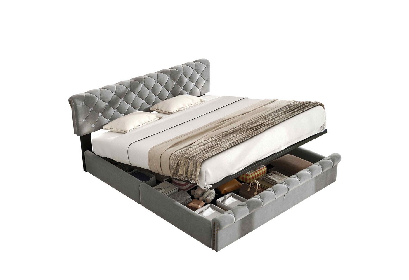 BlingBin Polsterbett Doppelbett Hydraulisches Funktionsbett mit Lattenrost und Kopfteil (1er Set, 1-tlg., 160*200 cm, Ohne Matratze, Max Belastbarkeit: 300KG), Höhenverstellbares Kopfteil, Holzlattenunterstützung, Samt, Grau von BlingBin