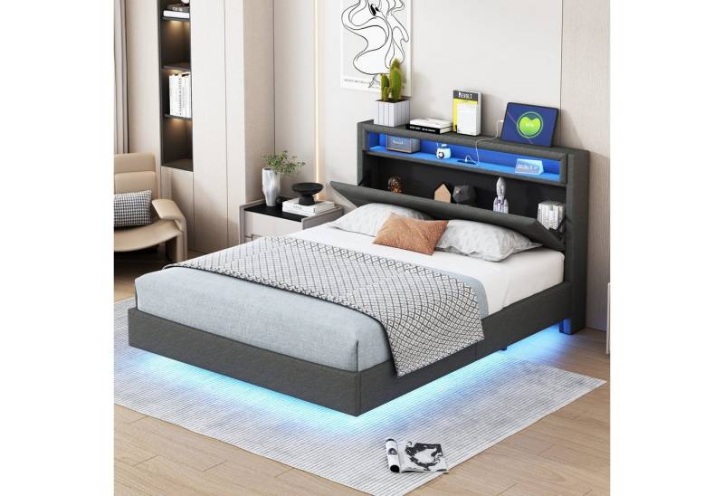 BlingBin Polsterbett Doppelbett Hydraulisches Schwebender Bettrahmen (1er Set, 1-tlg., Stauraumbett 140x200 cm), mit USB-Steckdose & LED-Licht, wendbares Kopfteil, verdecktes Fußteil von BlingBin