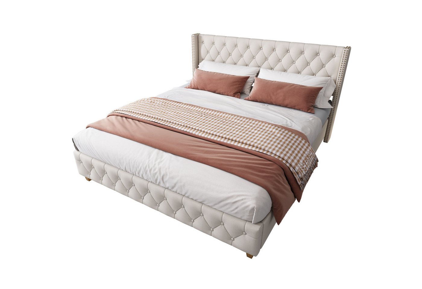 BlingBin Polsterbett Doppelbett Jugendbett Bett mit Lattenrost und Kopfteil (1er Set, 1-tlg., 160 x 200 cm, Ohne Matratze, Belastbarkeit maximal: 300KG), Knopfpolsterung, Nietenpolsterung, Holzbeine, Linen, Beige von BlingBin