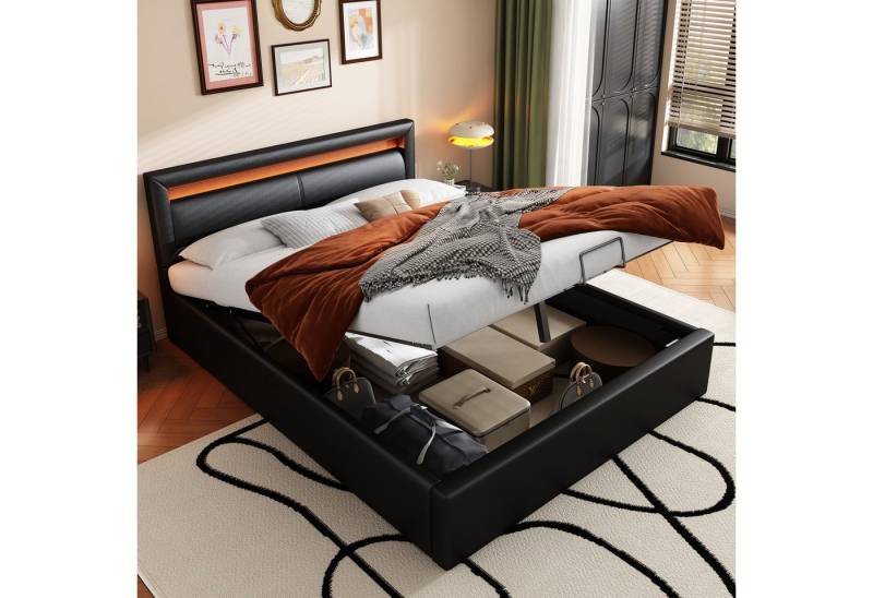 BlingBin Polsterbett Doppelbett Jugendbett LED-Bett mit Lattenrost und Stauraum (1er Set, 1-tlg., 140 x 200 cm, Ohne Matratze, Belastbarkeit maximal: 300KG), Mit Beleuchtetem Kopfteil, Kunstleder & Holz, Schwarz von BlingBin
