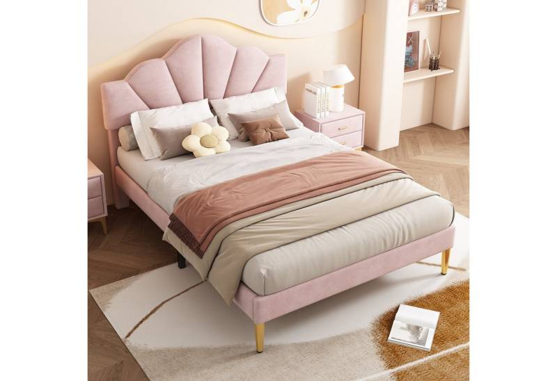 BlingBin Polsterbett Doppelbett Muschelartiges Bett mit Goldfarbenen Eisenbeinen (Polsterbett, 1-tlg., 140 x 190 cm), Höhenverstellbarem Kopfteil, Lattenrost aus Holz, rosa von BlingBin