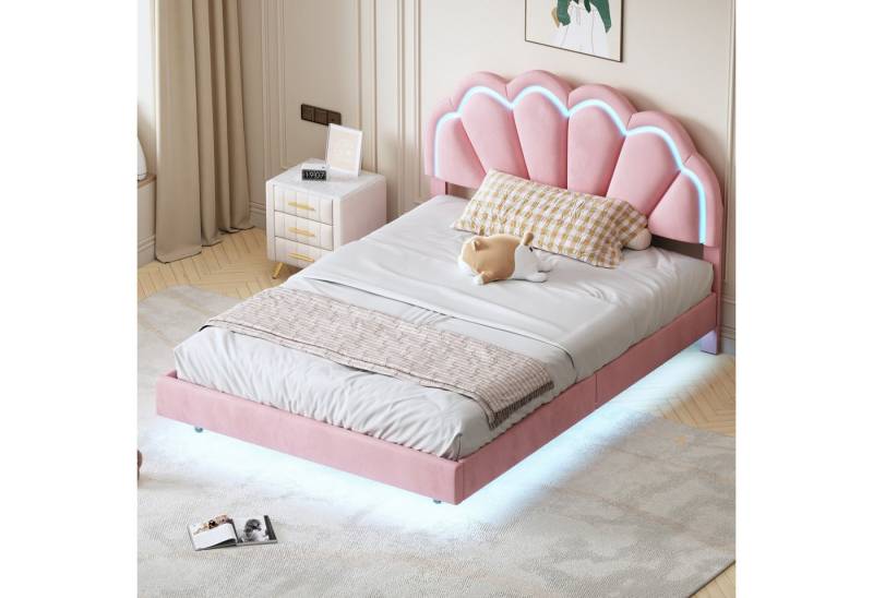 BlingBin Polsterbett Doppelbett Schwebebett mit LED-Leuchten und Kopfteildesign (Gästebett Bett Funktionsbett, 1-tlg., 140 x 200 cm), Flächiges Doppelbett-Gästebett in hautfreundlichem Samtstoff von BlingBin