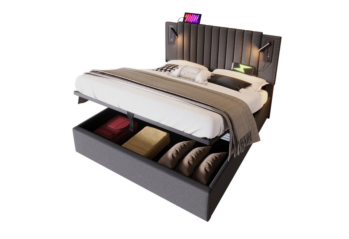 BlingBin Polsterbett Doppelbett Stauraum Bettkasten Verstellbares Kopfteil (Leselicht mit USB Ladefunktion Kopfteil 140x200), Rückenlehne mit Nietendesign, Baumwolle, Ohne Matratze von BlingBin