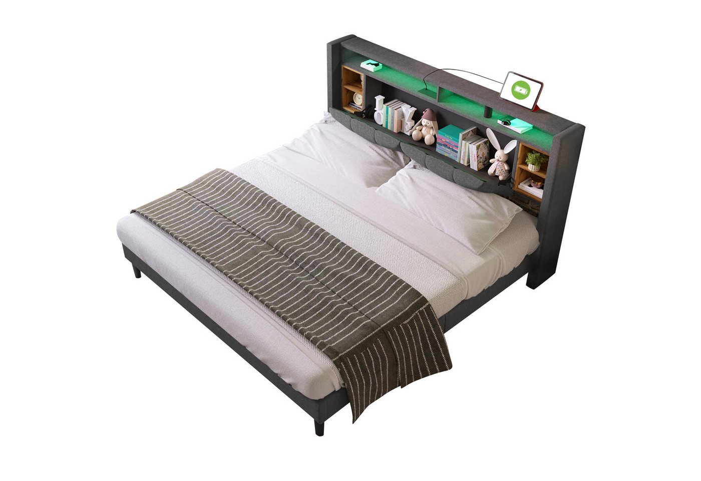 BlingBin Polsterbett Bett (mit LED-Beleuchtung, 160x200 cm), aufladen USB, Leinen von BlingBin