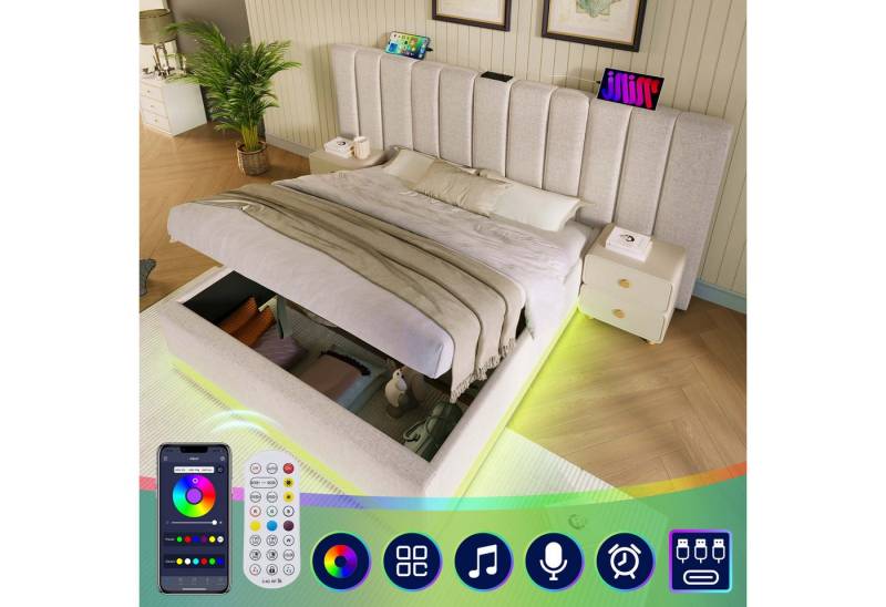 BlingBin Polsterbett Doppelbett Stauraumbett (1-tlg., mit App Control LED, Leinen, 160×200), 3 USB-Anschlüsse und 1 Typ-C mit 20-W-Schnellladung von BlingBin