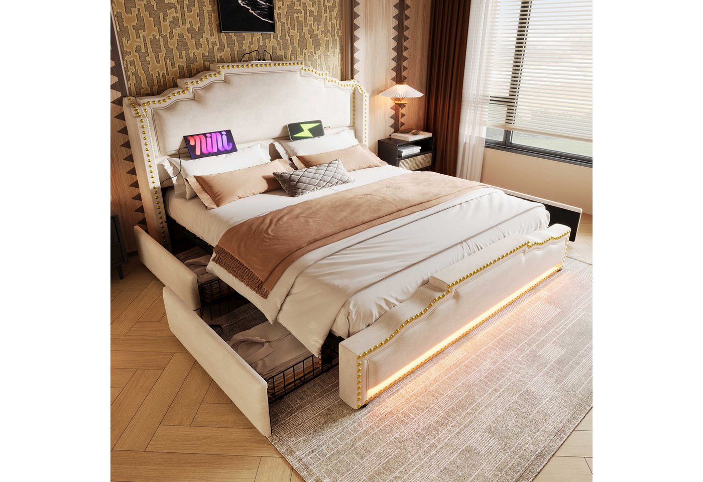 BlingBin Polsterbett Doppelbett Stauraumbett Jugendbett (1-tlg., Vintage-Bettgestell mit LED-Stimmungsbeleuchtung, USB-Ladeanschlüssen), Stilvolle Kombination aus Samt, Metall und Massivholz von BlingBin