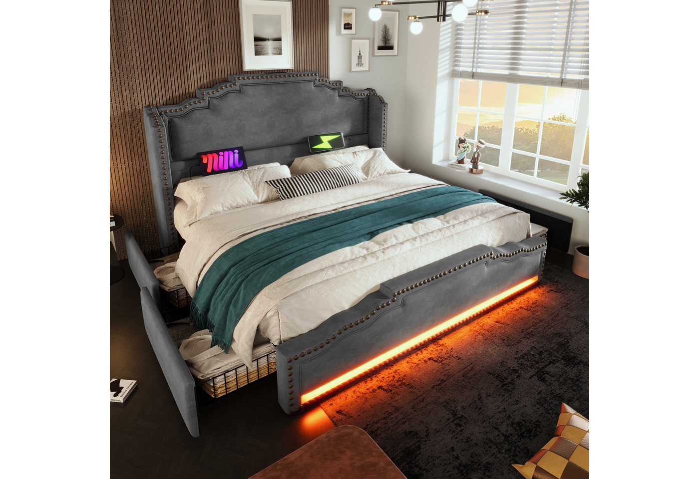 BlingBin Polsterbett Doppelbett Stauraumbett Jugendbett (1-tlg., Vintage-Bettgestell mit LED-Stimmungsbeleuchtung, USB-Ladeanschlüssen), Stilvolle Kombination aus Samt, Metall und Massivholz von BlingBin
