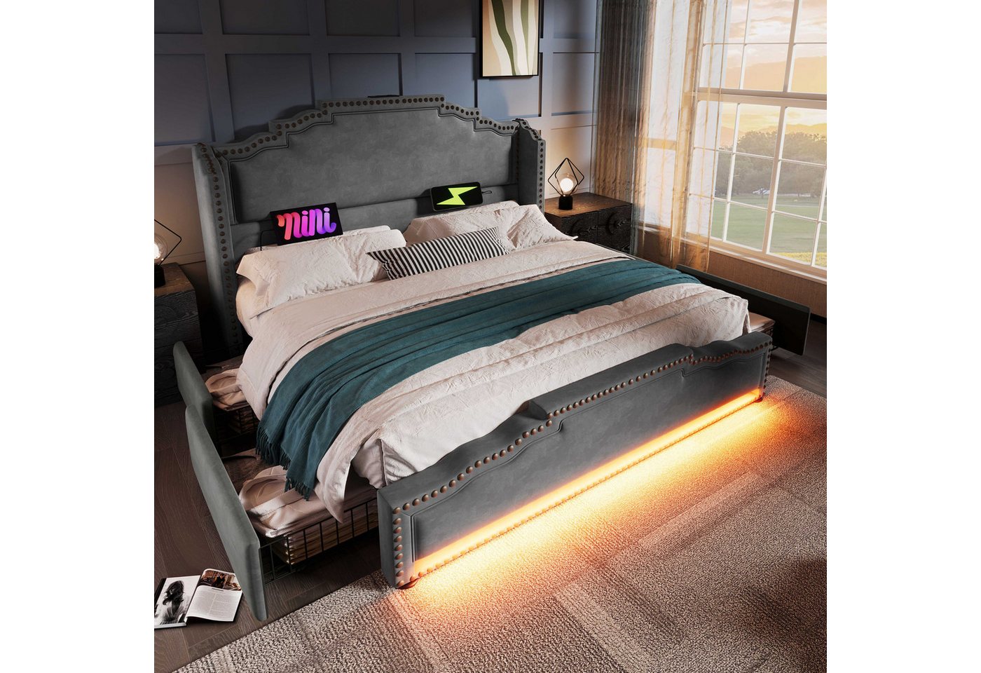 BlingBin Polsterbett Doppelbett Stauraumbett Jugendbett (1-tlg., Vintage-Bettgestell mit LED-Stimmungsbeleuchtung, USB-Ladeanschlüssen), Stilvolle Kombination aus Samt, Metall und Massivholz von BlingBin