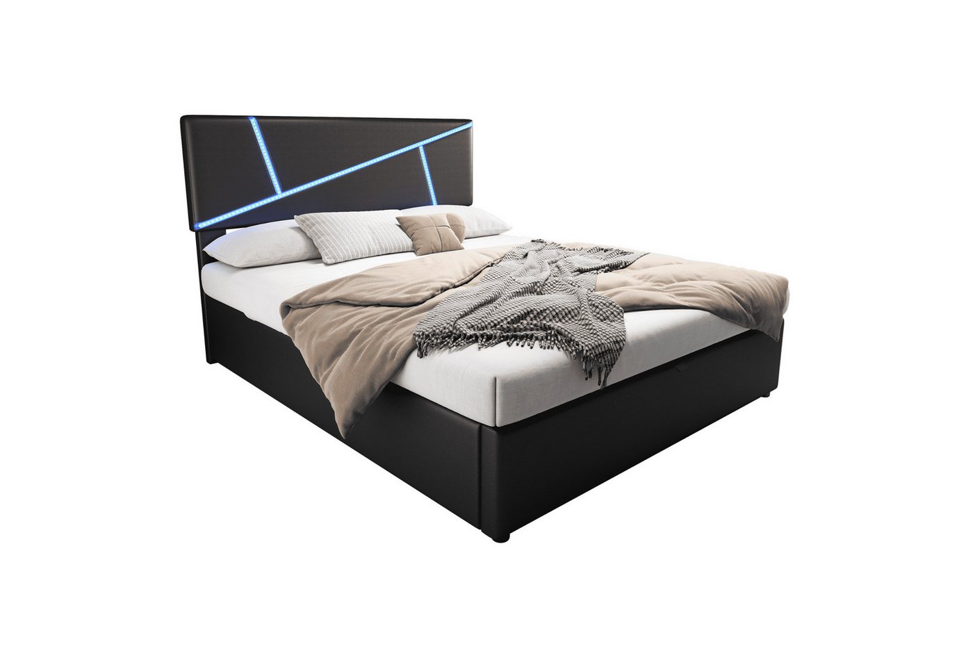 BlingBin Polsterbett Doppelbett mit LED-Lichtleisten, Hydraulisches Funktionsbett (1er Set, 1-tlg., 160*200 cm, Ohne Matratze, Max Belastbarkeit: 300KG), Polsterbett mit Lattenrost, Rückenlehne, Synthetisches Leder, Schwarz von BlingBin
