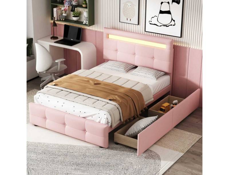 BlingBin Polsterbett Einzelbett Funktionsbett Kinderbett Jugendbett, 90x200 cm (1er Set, 1-tlg., mit LED-Leuchten, 2 Schubladen), hautfreundlicher Leinenpolsterung flach Bettrahmen Gästebett von BlingBin