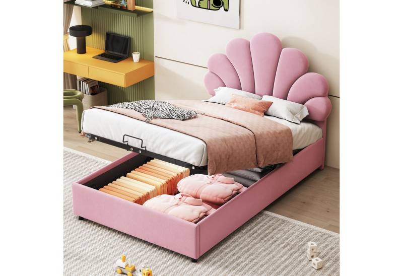 BlingBin Polsterbett Jugendbett Einzelbett Gästebett Bettrahmen mit blütenförmigem Kopfteil (1er Set, 1-tlg., Kinderbett 90 x 200 cm), mit Höhenverstellbarem Kopfteil und hydraulischem Stauraum, Samtstoff von BlingBin