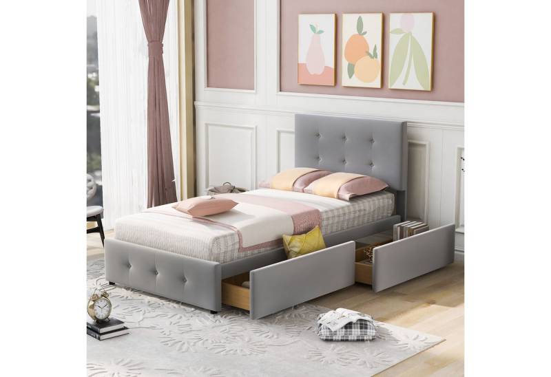 BlingBin Polsterbett Einzelbett Jugendbett Kinderbett Stauraumbett mit 2 Schubladen (Höhenverstellbares Kopfteil, Hautfreundlicher Samtstoff, 1-tlg., 90 x 200 cm, Ohne Matratze, Belastbarkeit maximal: 200KG), Gästebett Bett mit Lattenrost, Rückenlehne, Samt, Grau von BlingBin