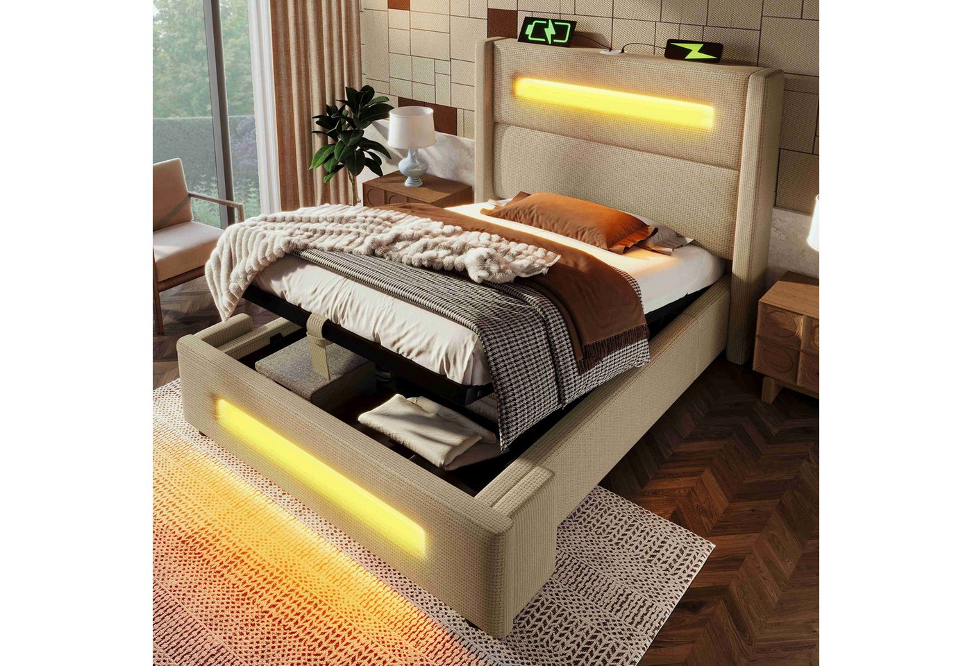 BlingBin Polsterbett Einzelbett Jugendbett mit LED (1-tlg., mit hydraulischem Stauraum und USB Type-C Aufladen), 90x200cm Beige Leinen LED-Beleuchtung bis 120 kg mit Matratze von BlingBin