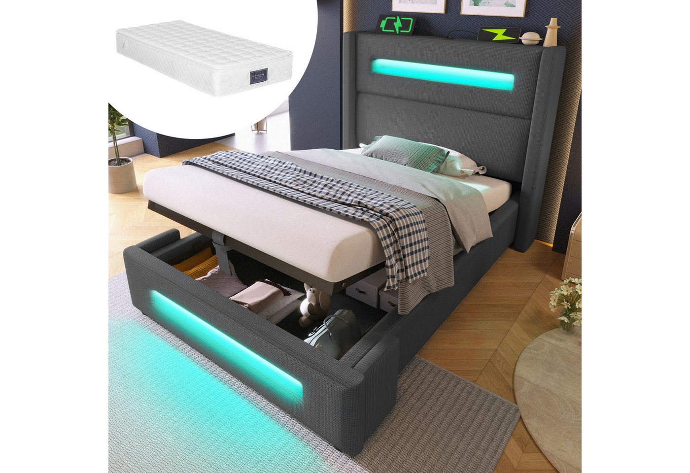 BlingBin Polsterbett Einzelbett Jugendbett mit LED Mit Matratze (1-tlg., mit hydraulischem Stauraum und USB Type-C Aufladen), 90x200cm Grau Leinen LED-Beleuchtung bis 120 kg von BlingBin