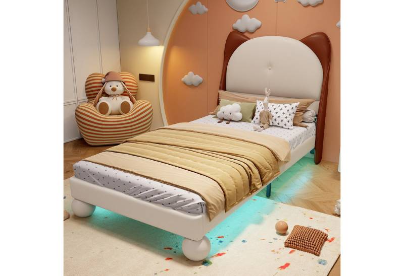 BlingBin Polsterbett Einzelbett Kinderbett Jugendbett mit Niedliches Katzenohren-Kopfteil (Farblich Anpassbare LED-Lichtleiste Unter dem Bett, Sanftes Farbschema, Stabile Lattenroste, 1-tlg., 90x200cm, Ohne Matratze, Belastbarkeit maximal: 150KG, PU), Geeignet für Verschiedene Kinderzimmerdekorationen, Beige+Gelbbraun von BlingBin