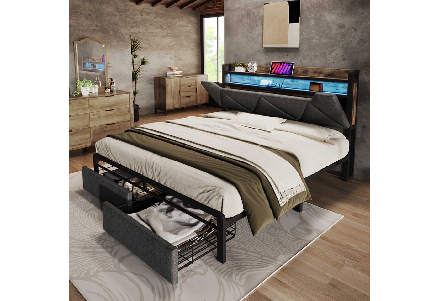 BlingBin Polsterbett Einzelbett Stauraumbetten Bettgestell (1-tlg., mit USB Typ C Ladefunktion Stauraum-Kopfteil und LED-Beleuchtung), mit Schubladen und Lattenrost aus Metallrahmen, 160 x 200 von BlingBin