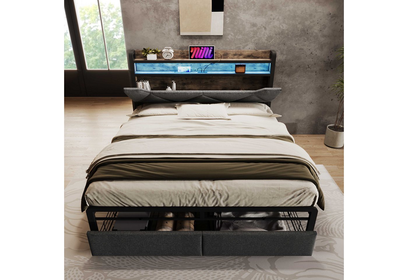 BlingBin Polsterbett Einzelbett Stauraumbetten Bettgestell (1-tlg., mit USB Typ C Ladefunktion Stauraum-Kopfteil und LED-Beleuchtung), mit Schubladen und Lattenrost aus Metallrahmen,160 x 200 von BlingBin