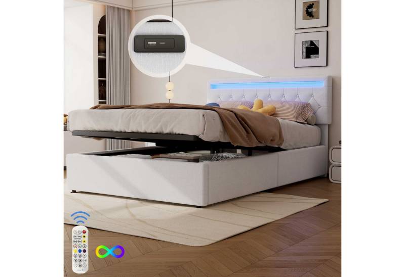 BlingBin Polsterbett Flaches Gepolstertes Bett Umgebungslicht am Fernbedienung (1 Set, 1-tlg., 140*200 cm), USB- und Typ-C-Steckdose am Bett, angehoben und abgesenkt werden von BlingBin