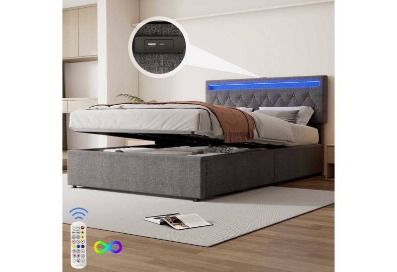 BlingBin Polsterbett Flaches Gepolstertes Bett Umgebungslicht am Fernbedienung (1 Set, 1-tlg., 140*200 cm), USB- und Typ-C-Steckdose am Bett, angehoben und abgesenkt werden von BlingBin