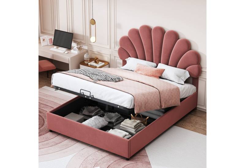 BlingBin Polsterbett Jugendbett Einzelbett Gästebett Bettrahmen mit blütenförmigem Kopfteil (1er Set, 1-tlg., Jugendbett 140 x 200 cm), mit höhenverstellbarem Kopfteil und hydraulischem Stauraum, Samtstoff von BlingBin