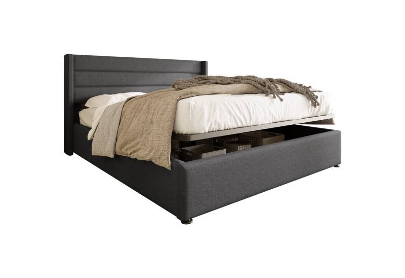 BlingBin Polsterbett Hydraulisch Doppelbett Stauraumbett Funktionsbett Jugendbett (Gesamtabmessung: 214.5 x 173.5 x114 cm, 160x200cm, Ohne Matratze, Max. Benutzergewicht: 199KG, 1-tlg., Bettgestell mit Lattenrost aus Metallrahmen, Lattenrost aus Holz), Polsterbett für Schlafzimmer, Leinen, Grau von BlingBin