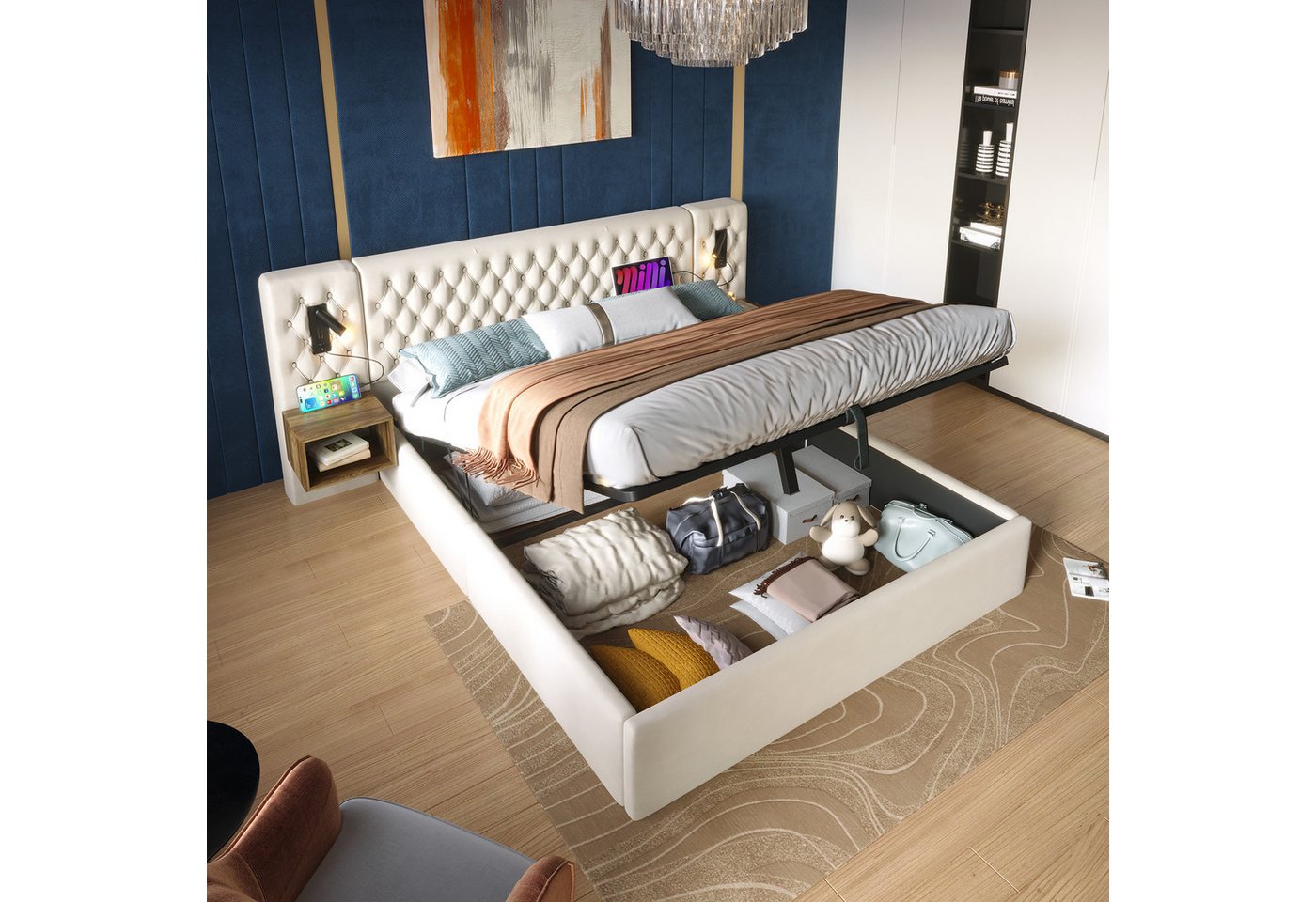 BlingBin Polsterbett Hydraulisch Stauraumbett Doppelbett (Bettanlage Schlafzimmer Komplett Set, 1-tlg., mit 2 Nachttischen, Kopfteil Leselicht mit USB Ladefunktion), 160×200 cm,Samt,Ohne Matratze von BlingBin