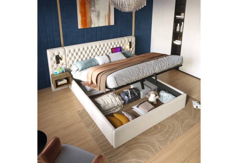 BlingBin Polsterbett Hydraulisch Stauraumbett Doppelbett (Bettanlage Schlafzimmer Komplett Set, 1-tlg., mit 2 Nachttischen, Kopfteil Leselicht mit USB Ladefunktion), 160×200 cm,Samt,Ohne Matratze von BlingBin
