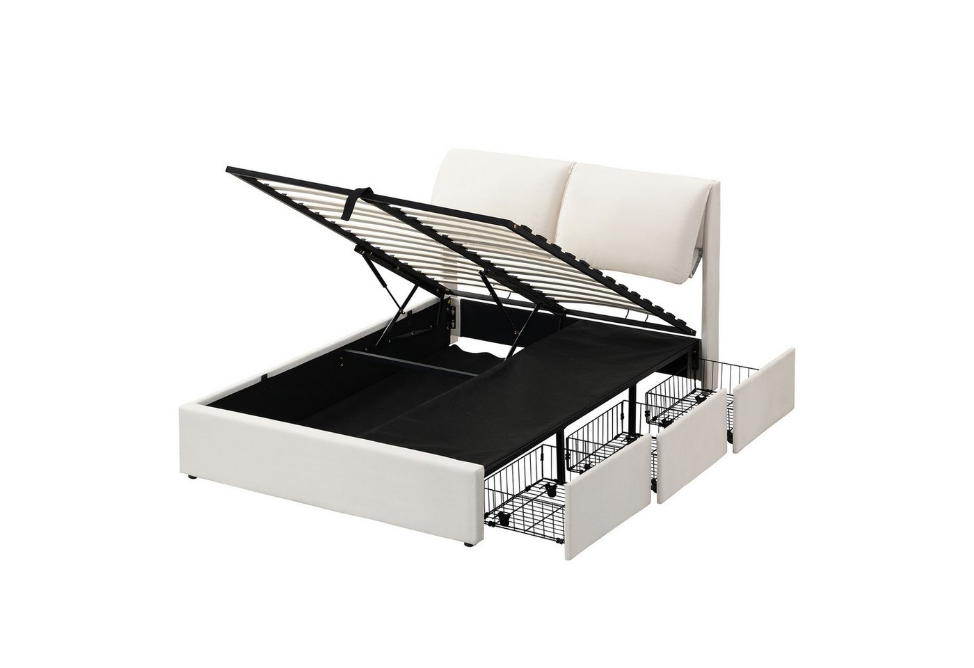 BlingBin Polsterbett Hydraulisches Bett, Stauraumbett Doppelbett mit 3 Schubladen, Samt (1er Set, 1-tlg., 140*200cm, Max Belastbarkeit: 300kg, Beige), Lattenrost mit Kopfteil, Bettkasten zur Aufbewahrung, Ohne Matratze von BlingBin