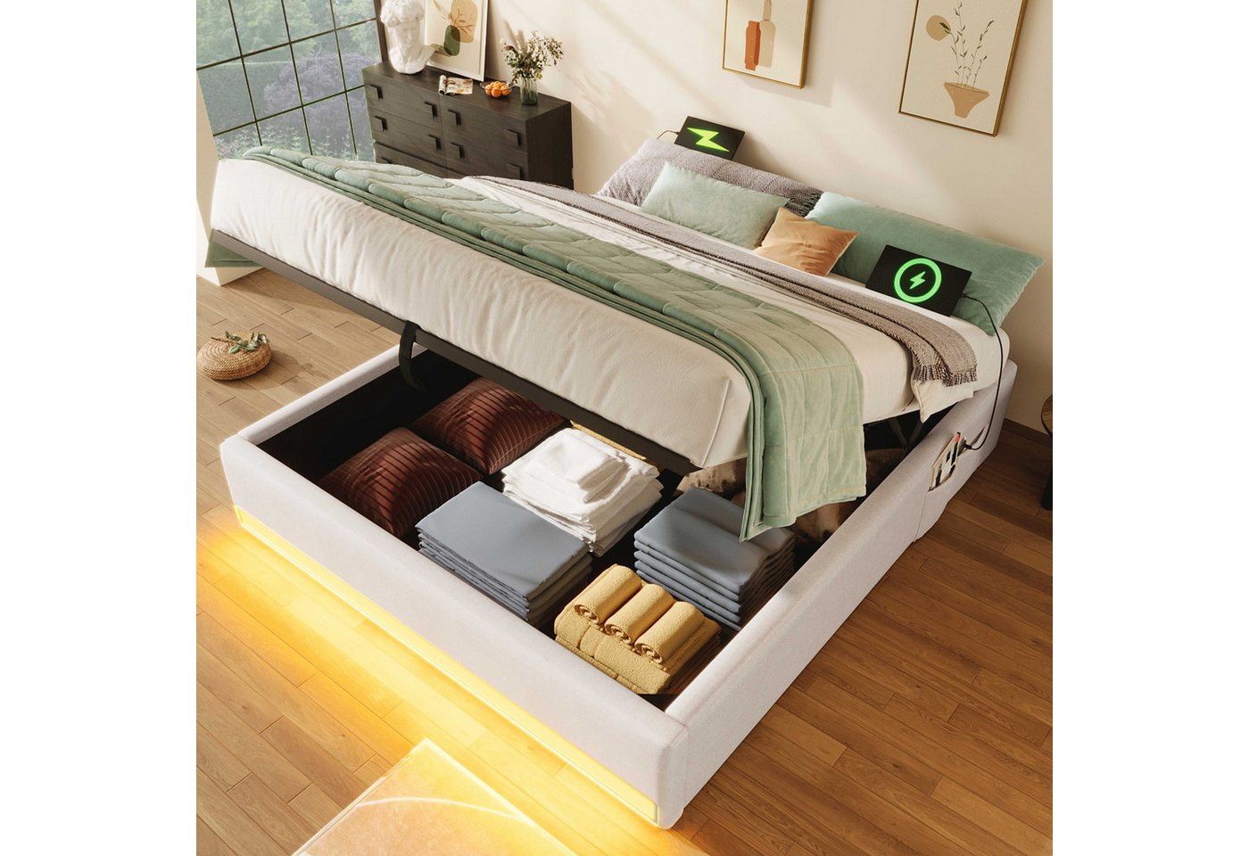BlingBin Polsterbett Hydraulisches Bett Stauraumbett Funktionsbett (1-tlg., mit Fernbedienbare LED-Leiste,USB,Typ-C,kleinen Aufbewahrungstaschen), Kein Kopfteil-Design,Keine Matratze,Hydraulische Speicherfunktion von BlingBin