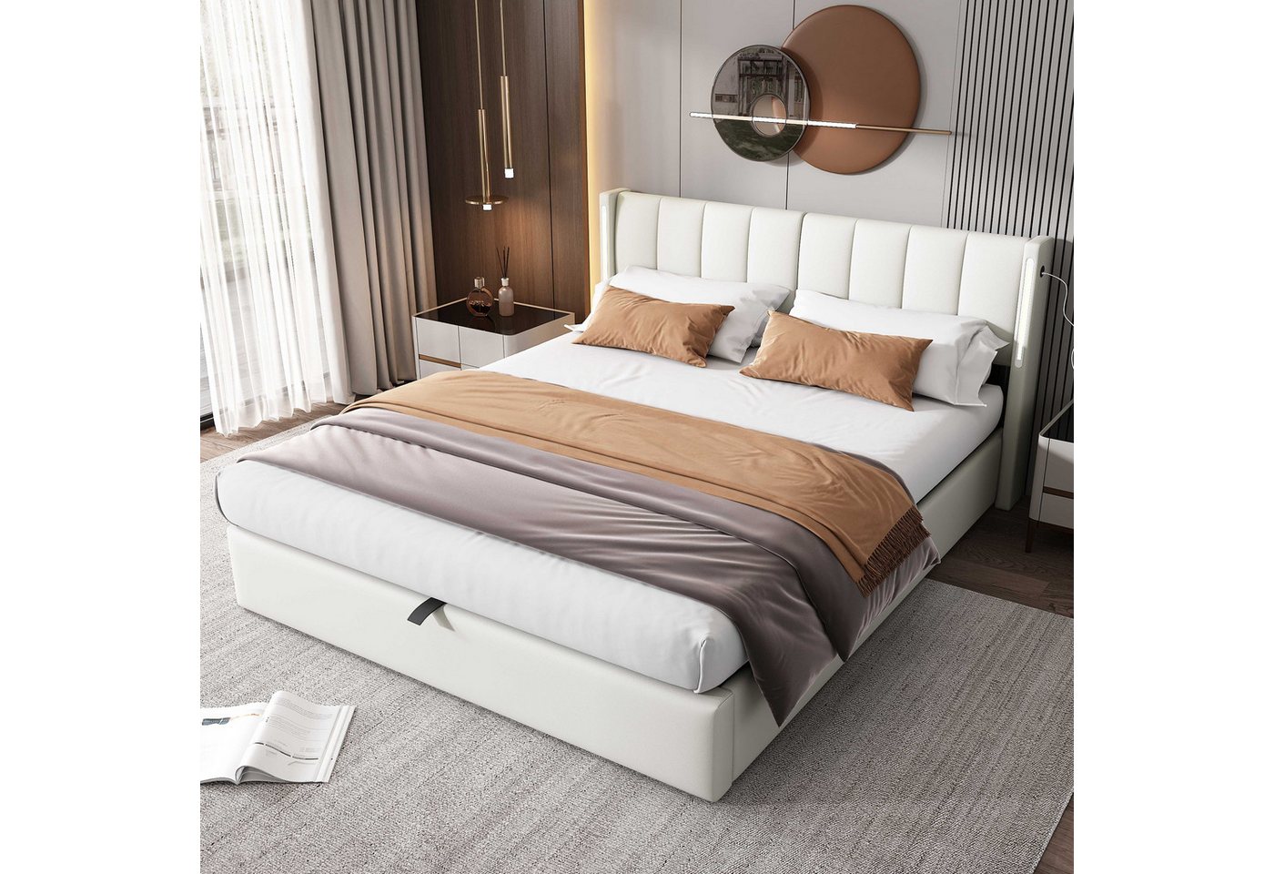 BlingBin Polsterbett Hydraulisches Bett Stauraumbett Funktionsbett (1-tlg., mit LED-Beleuchtung,USB-Anschluss,Stauraum), verstellbares Kopfteil, PU(Ohne Matratze) von BlingBin