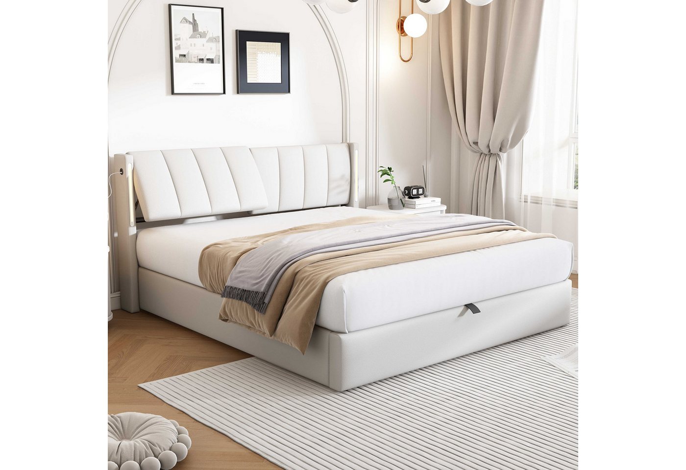 BlingBin Polsterbett Hydraulisches Bett Stauraumbett Funktionsbett (1-tlg., mit LED-Beleuchtung,USB-Anschluss,Stauraum), verstellbares Kopfteil, PU(Ohne Matratze) von BlingBin