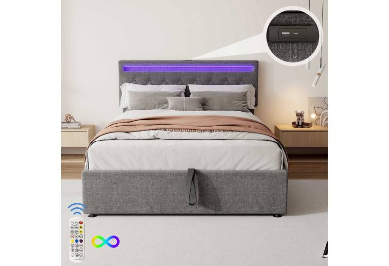 BlingBin Polsterbett Hydraulisches Bett Stauraumbett Funktionsbett (großer Stauraum, 1-tlg., mit USB- und Typ-C-Steckdose am Bett,LED-Ambientebeleuchtung), 24-Tasten-Fernbedienung, Bett kann angehoben und abgesenkt werden von BlingBin