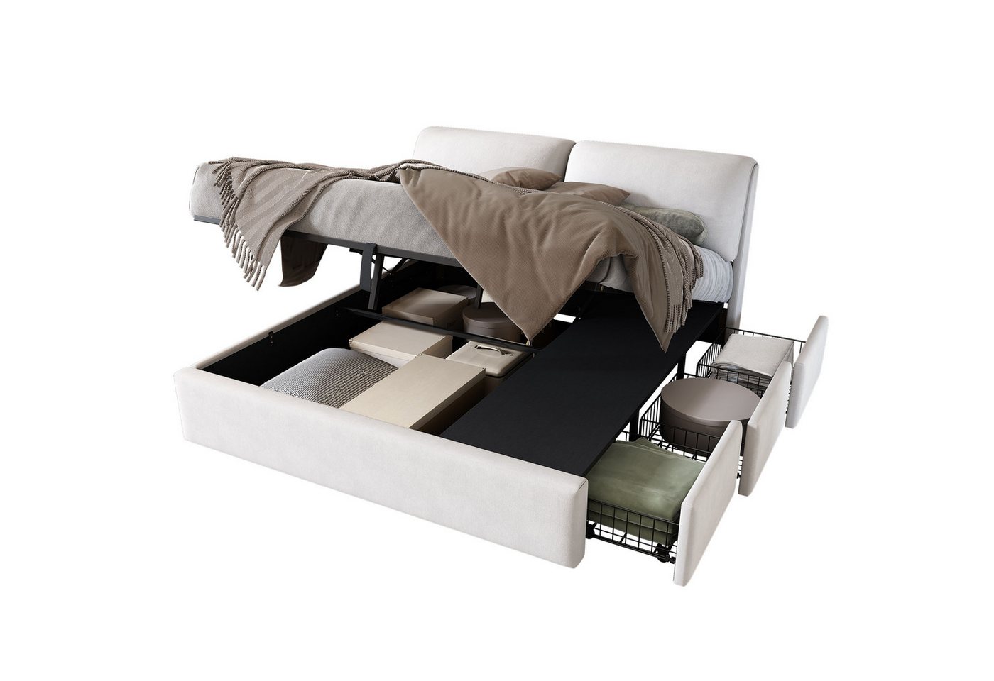 BlingBin Polsterbett Hydraulisches Bett, Stauraumbett Doppelbett mit 3 Schubladen, Samt (1er Set, 1-tlg., 180*200cm, Max Belastbarkeit: 300kg, Beige), Lattenrost mit Kopfteil, Bettkasten zur Aufbewahrung, Ohne Matratze von BlingBin