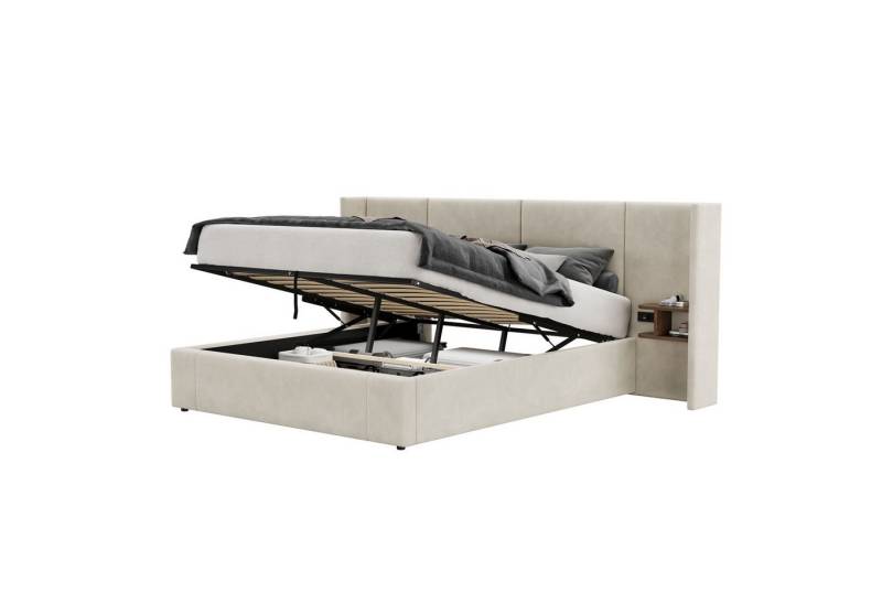 BlingBin Polsterbett Hydraulisches Breitohrbett mit USB-Anschluss, Steckdose (1er Set, 160 x 200 cm, Ohne Matratze, Holzlattenrost), Inklusive zwei Nachttischen mit Stauraum, Samt, Beige von BlingBin