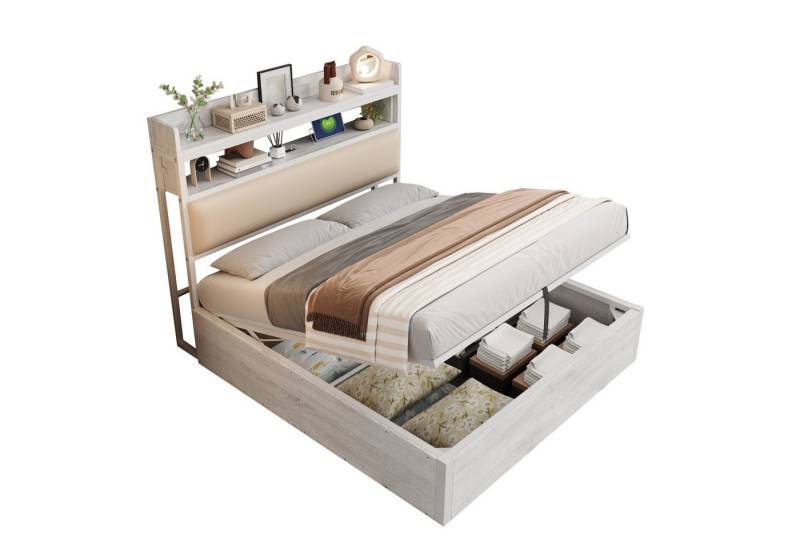 BlingBin Polsterbett Hydraulisches Funktionsbett Jugendbett Stauraumbett mit USB-Anschluss (Bettrahmen mit Gepolstertem Kopfteil, Retro-Holz- und Metalldesign, Versteckte Stauraumschicht, 1-tlg., 140 x 200cm, Ohne Matratze, Gewichtskapazität: 200KG), Moderne Schlafzimmermöbel, Einzelbett/Doppelbett, Weiß BlingBin Polsterbett Hydraulisches Funktionsbett Jugendbett Stauraumbett mit USB-Anschluss (Bettrahmen mit Gepolstertem Kopfteil, Retro-Holz- und Metalldesign, Versteckte Stauraumschicht, 1-tlg., 140 x 200cm, Ohne Matratze, Gewichtskapazität: 200KG), Moderne Schlafzimmermöbel, Einzelbett/Doppelbett, Weiß von BlingBin